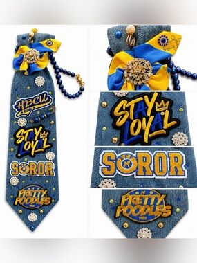 Handmade HBCU Soror Denim Statement tie necklace Blue Gold Bling